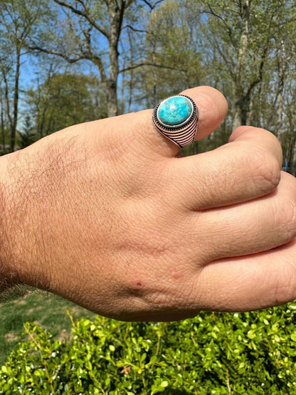 HarlemBling Real Blue Turquoise Gemstone Mens Real Solid 925 Sterling Silver Signet Ring