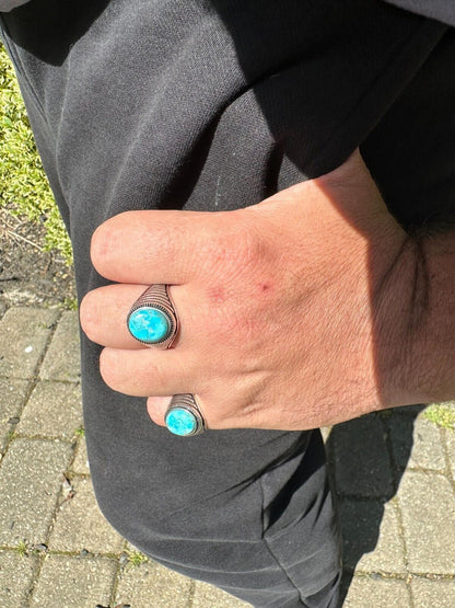 HarlemBling Real Blue Turquoise Gemstone Mens Real Solid 925 Sterling Silver Signet Ring