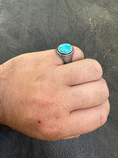 HarlemBling Real Blue Turquoise Gemstone Mens Real Solid 925 Sterling Silver Signet Ring
