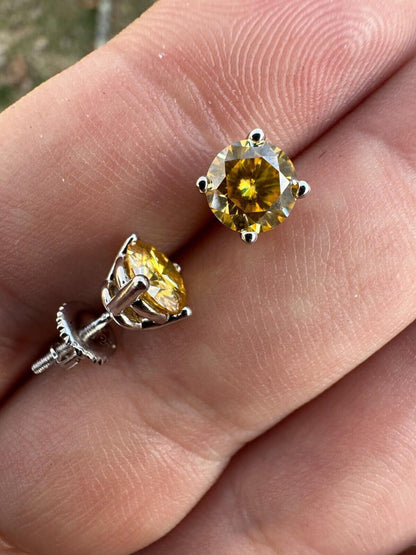 HarlemBling Real Canary Yellow Moissanite Screwback Stud Earrings 925 Silver 3-8mm Pass Test
