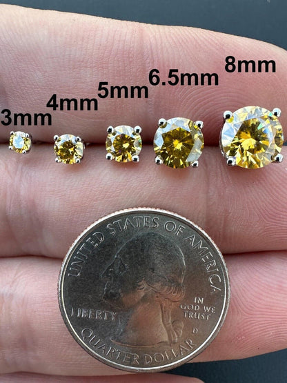 HarlemBling Real Canary Yellow Moissanite Screwback Stud Earrings 925 Silver 3-8mm Pass Test