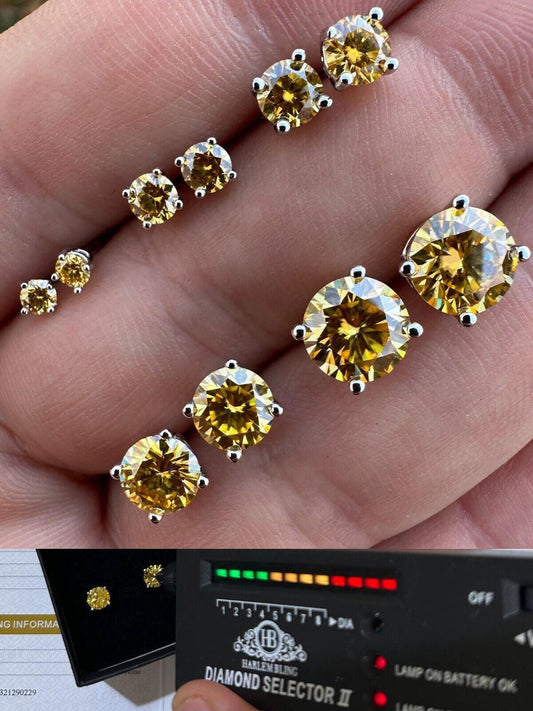 HarlemBling Real Canary Yellow Moissanite Screwback Stud Earrings 925 Silver 3-8mm Pass Test