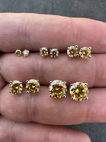 HarlemBling Real Canary Yellow Moissanite Screwback Stud Earrings 925 Silver 3-8mm Pass Test