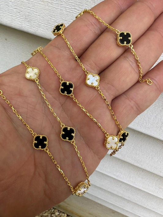 HarlemBling Real Clover Black Onyx & Mother Of Pearl 14-24" Necklace Or Bracelet 925 Silver