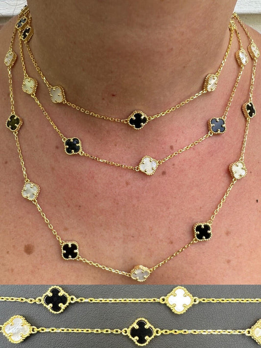 HarlemBling Real Clover Black Onyx & Mother Of Pearl 14-24" Necklace Or Bracelet 925 Silver