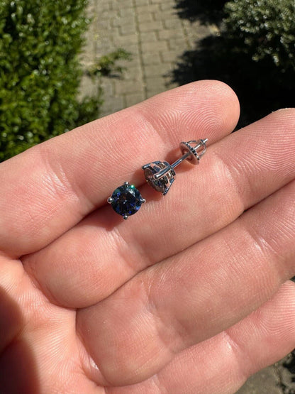 HarlemBling Real Dark Navy Blue Moissanite Screwback Stud Earrings 925 Silver 3-8mm Iced