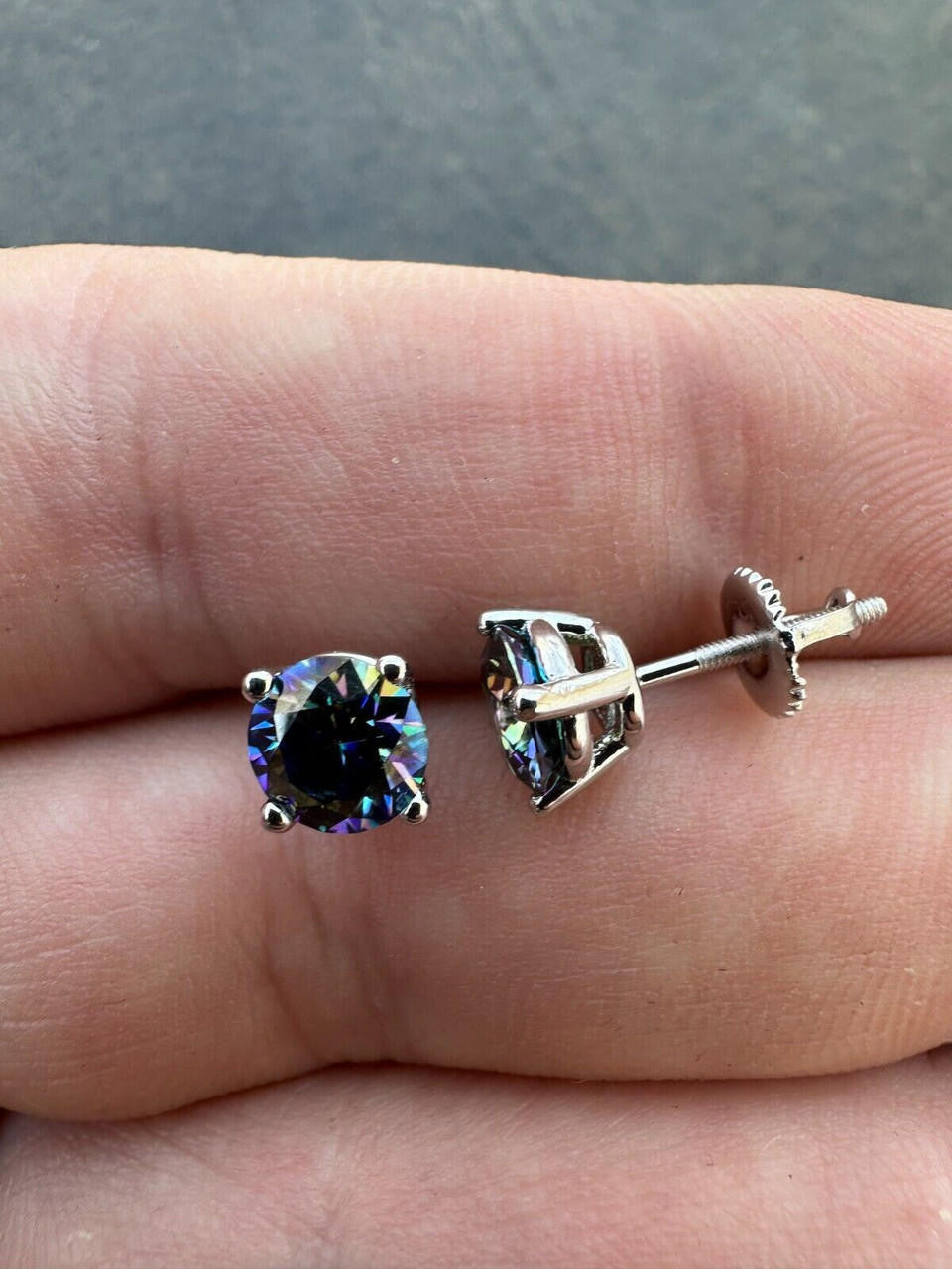 HarlemBling Real Dark Navy Blue Moissanite Screwback Stud Earrings 925 Silver 3-8mm Iced