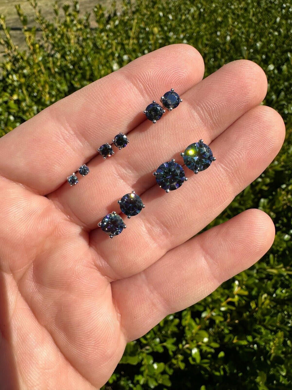 HarlemBling Real Dark Navy Blue Moissanite Screwback Stud Earrings 925 Silver 3-8mm Iced