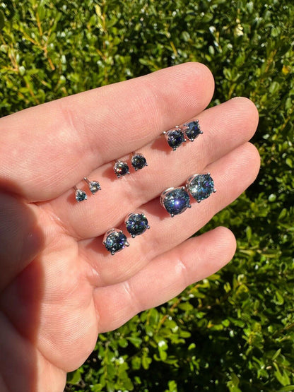 HarlemBling Real Dark Navy Blue Moissanite Screwback Stud Earrings 925 Silver 3-8mm Iced