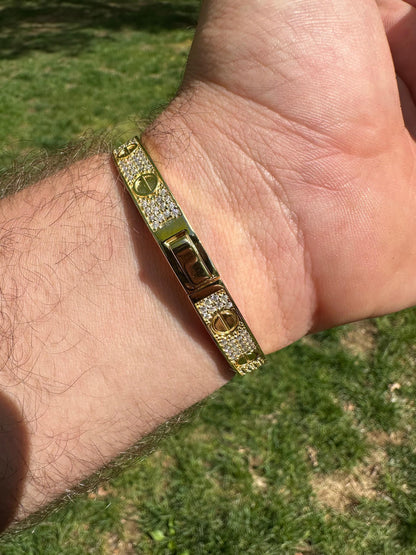 HarlemBling Real Fully Iced MOISSANITE Solid 14k Gold Plated 925 Silver Bangle Bracelet Mens Or Ladies