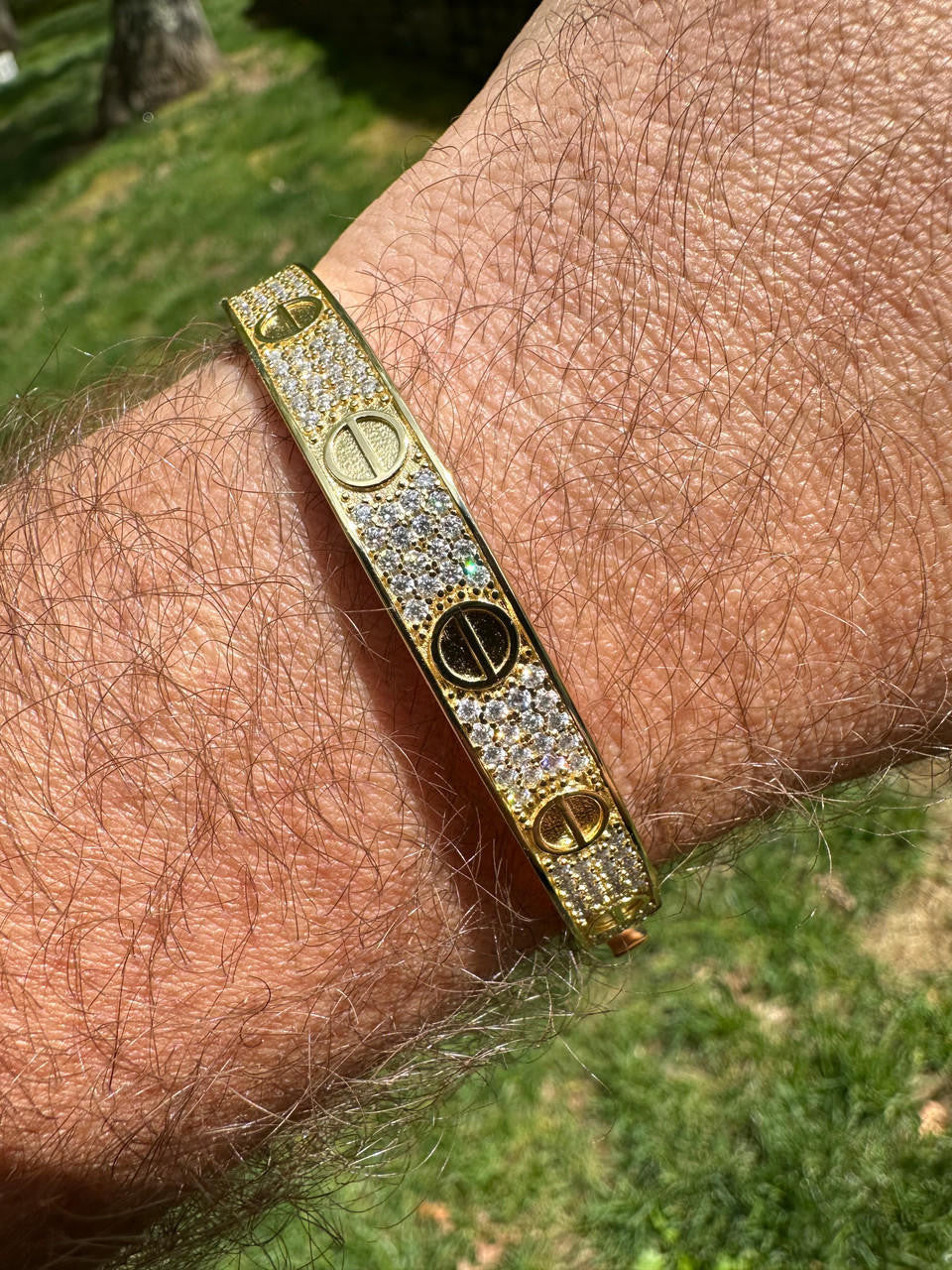 HarlemBling Real Fully Iced MOISSANITE Solid 14k Gold Plated 925 Silver Bangle Bracelet Mens Or Ladies