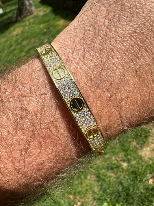 HarlemBling Real Fully Iced MOISSANITE Solid 14k Gold Plated 925 Silver Bangle Bracelet Mens Or Ladies