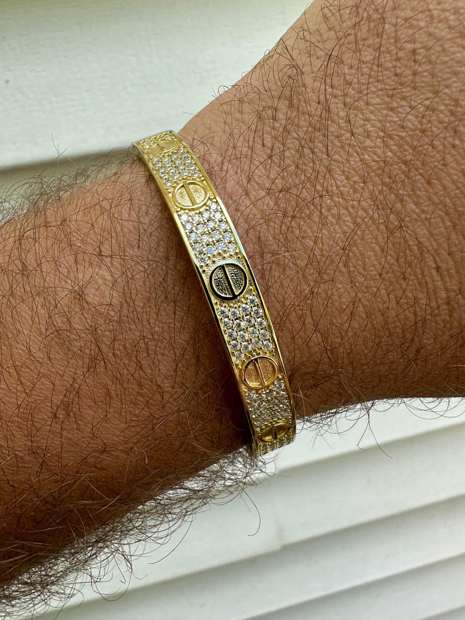 HarlemBling Real Fully Iced MOISSANITE Solid 14k Gold Plated 925 Silver Bangle Bracelet Mens Or Ladies