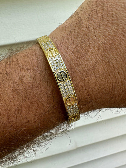 HarlemBling Real Fully Iced MOISSANITE Solid 14k Gold Plated 925 Silver Bangle Bracelet Mens Or Ladies