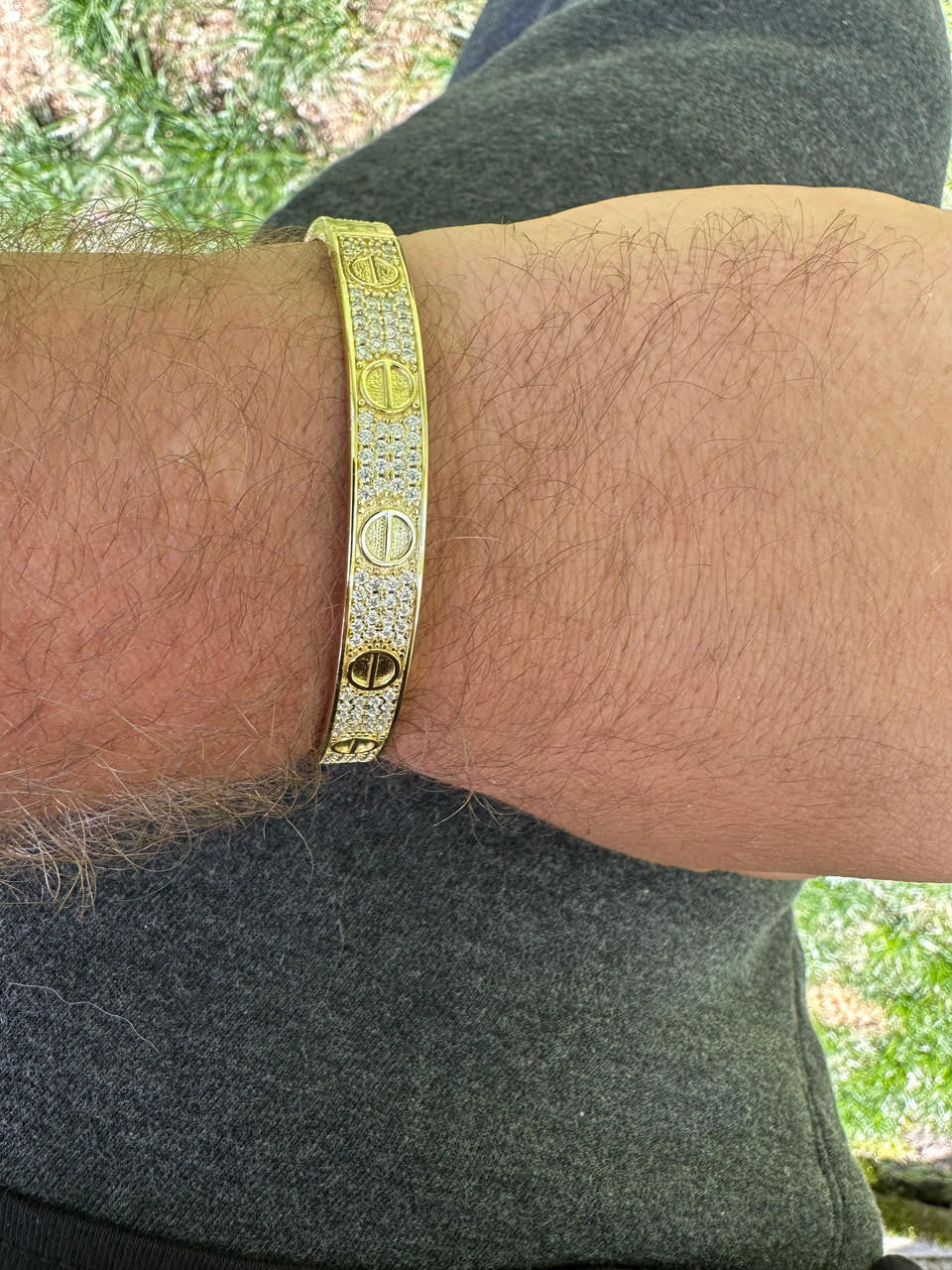 HarlemBling Real Fully Iced MOISSANITE Solid 14k Gold Plated 925 Silver Bangle Bracelet Mens Or Ladies