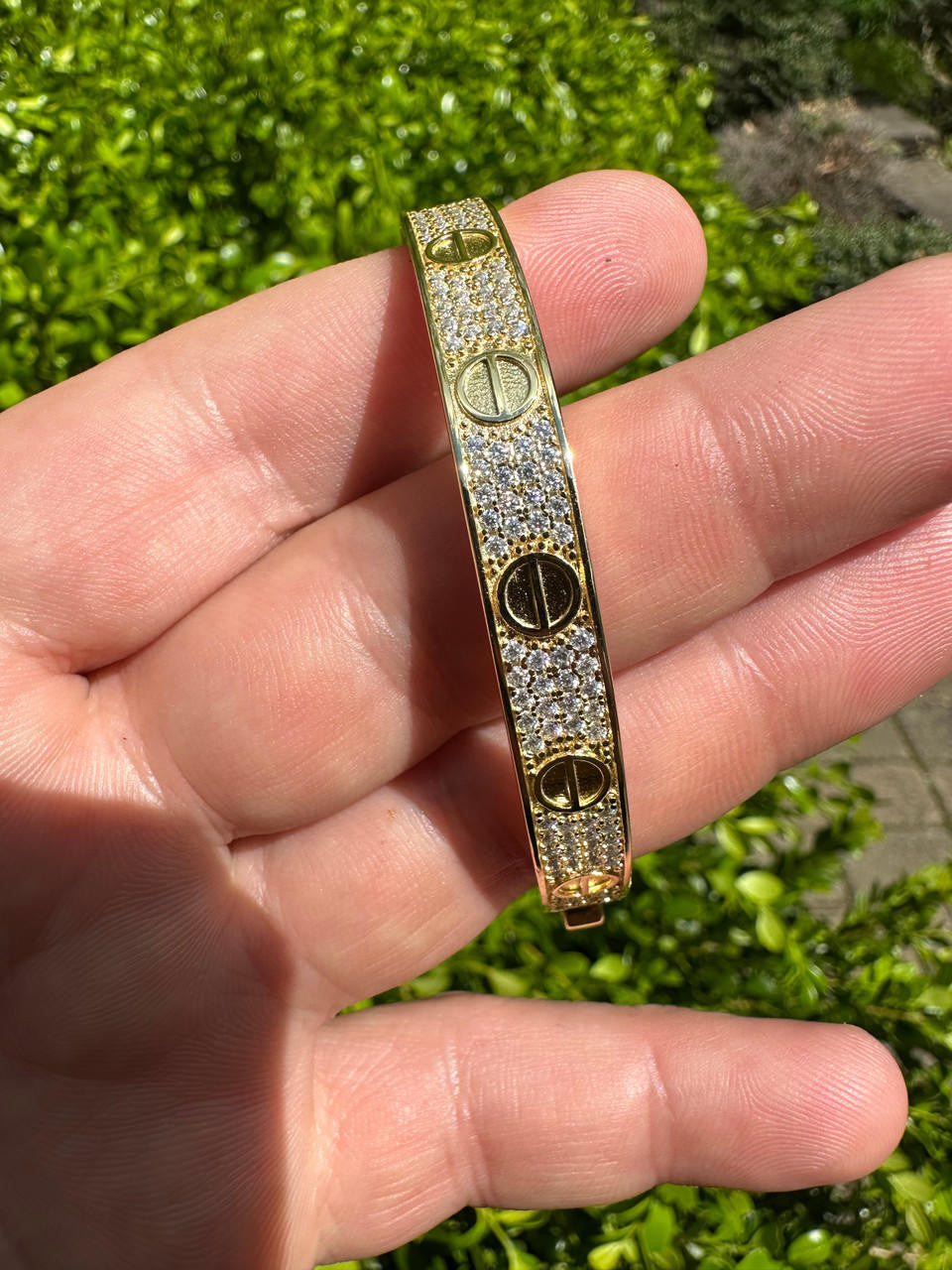 HarlemBling Real Fully Iced MOISSANITE Solid 14k Gold Plated 925 Silver Bangle Bracelet Mens Or Ladies