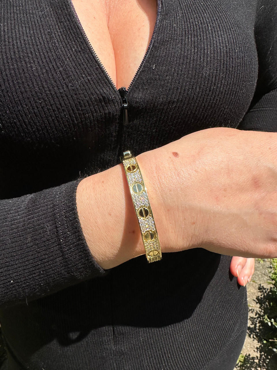 HarlemBling Real Fully Iced MOISSANITE Solid 14k Gold Plated 925 Silver Bangle Bracelet Mens Or Ladies