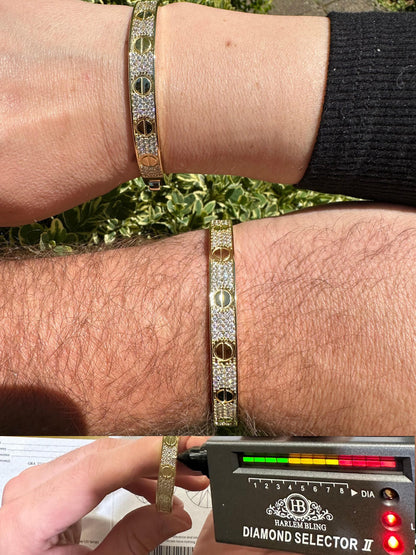 HarlemBling Real Fully Iced MOISSANITE Solid 14k Gold Plated 925 Silver Bangle Bracelet Mens Or Ladies