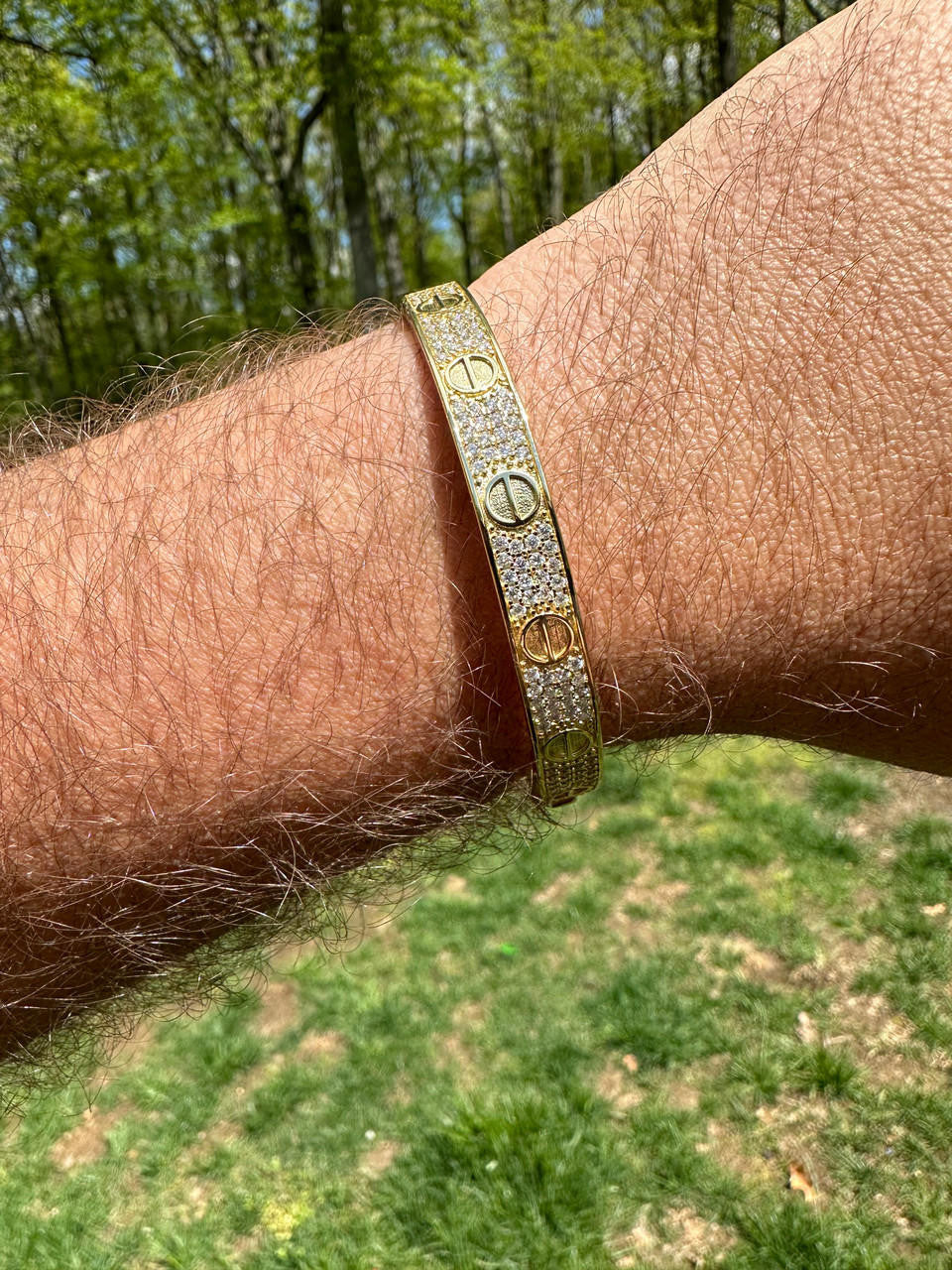 HarlemBling Real Fully Iced MOISSANITE Solid 14k Gold Plated 925 Silver Bangle Bracelet Mens Or Ladies