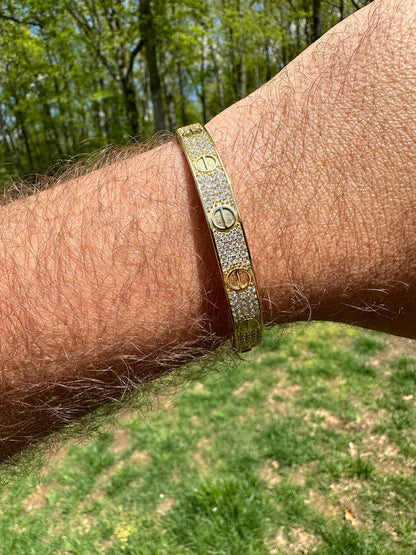 HarlemBling Real Fully Iced MOISSANITE Solid 14k Gold Plated 925 Silver Bangle Bracelet Mens Or Ladies