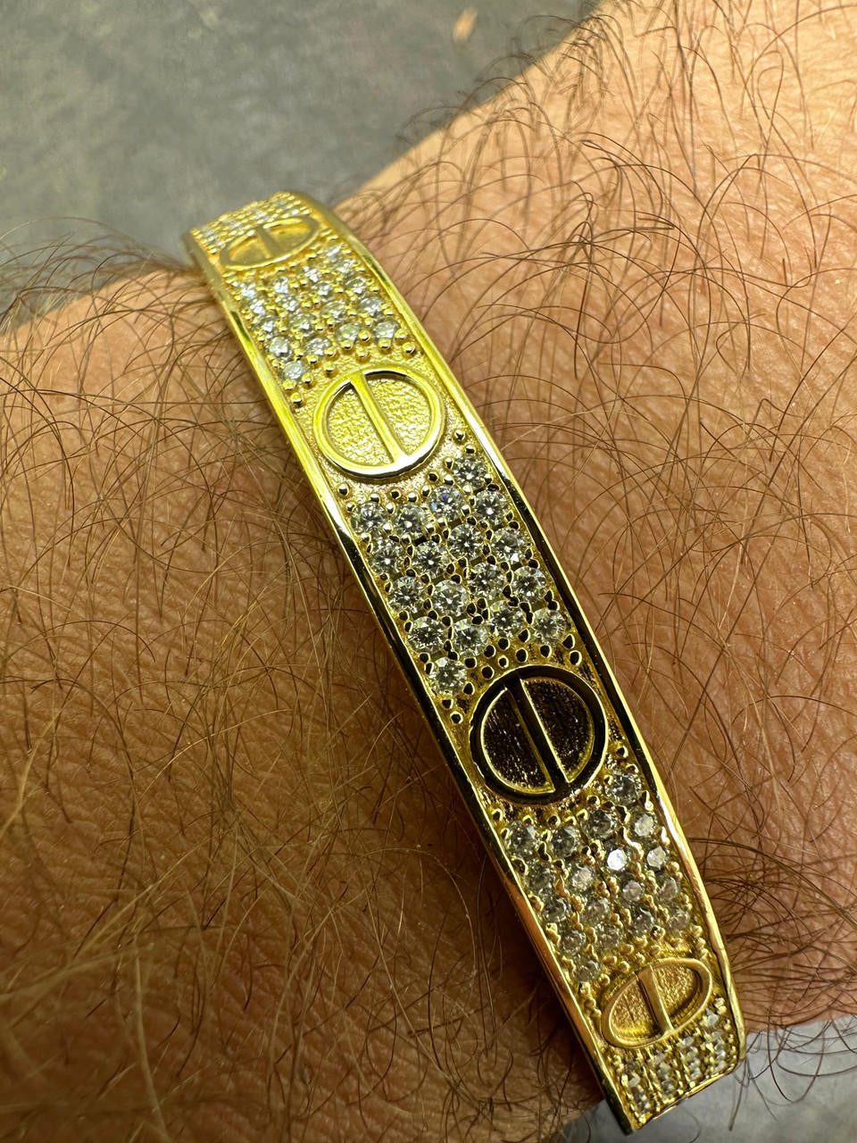 HarlemBling Real Fully Iced MOISSANITE Solid 14k Gold Plated 925 Silver Bangle Bracelet Mens Or Ladies