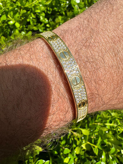 HarlemBling Real Fully Iced MOISSANITE Solid 14k Gold Plated 925 Silver Bangle Bracelet Mens Or Ladies