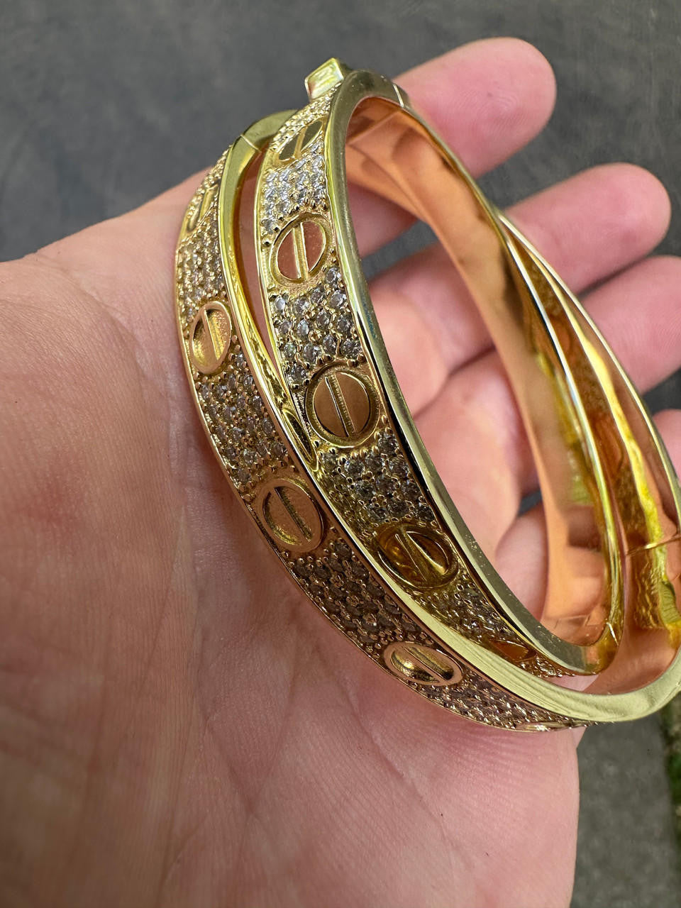 HarlemBling Real Fully Iced MOISSANITE Solid 14k Gold Plated 925 Silver Bangle Bracelet Mens Or Ladies