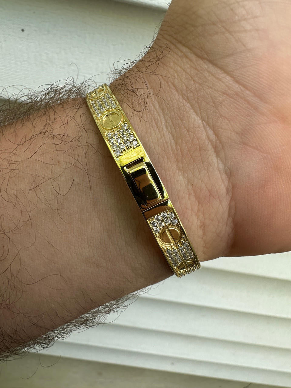 HarlemBling Real Fully Iced MOISSANITE Solid 14k Gold Plated 925 Silver Bangle Bracelet Mens Or Ladies