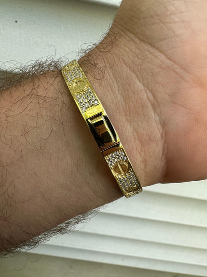 HarlemBling Real Fully Iced MOISSANITE Solid 14k Gold Plated 925 Silver Bangle Bracelet Mens Or Ladies