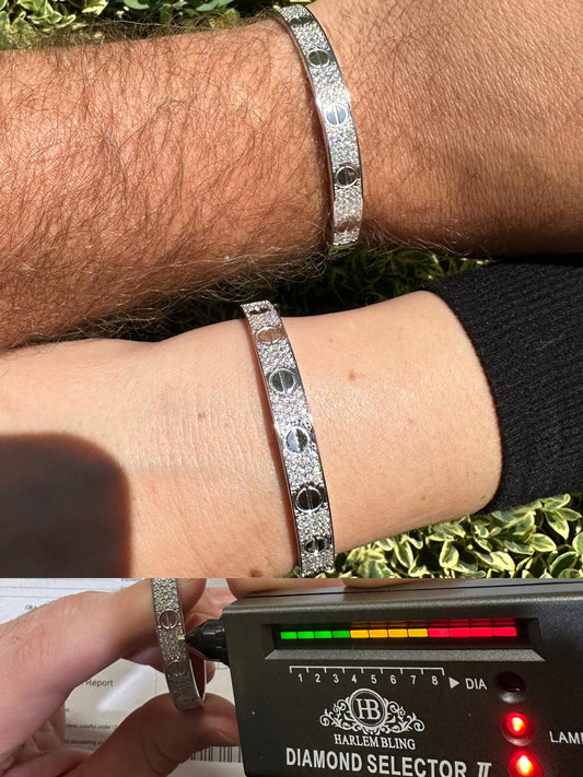 HarlemBling Real Fully Iced MOISSANITE Solid 925 Silver Bangle Bracelet Mens 3 Sizes Mens Ladies