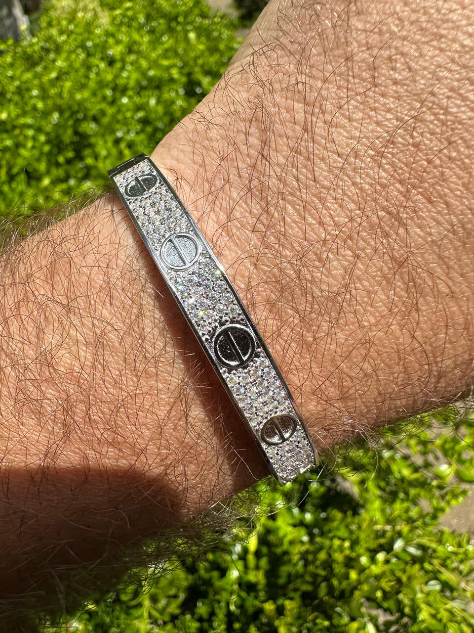 HarlemBling Real Fully Iced MOISSANITE Solid 925 Silver Bangle Bracelet Mens 3 Sizes Mens Ladies