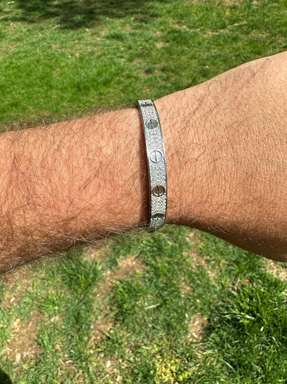 HarlemBling Real Fully Iced MOISSANITE Solid 925 Silver Bangle Bracelet Mens 3 Sizes Mens Ladies