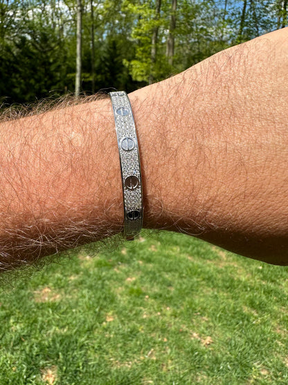 HarlemBling Real Fully Iced MOISSANITE Solid 925 Silver Bangle Bracelet Mens 3 Sizes Mens Ladies