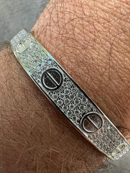 HarlemBling Real Fully Iced MOISSANITE Solid 925 Silver Bangle Bracelet Mens 3 Sizes Mens Ladies