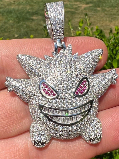 HarlemBling Real Iced CZ Hip Hop 925 Sterling Silver Gengar Pokemon Pendant Necklace Mens