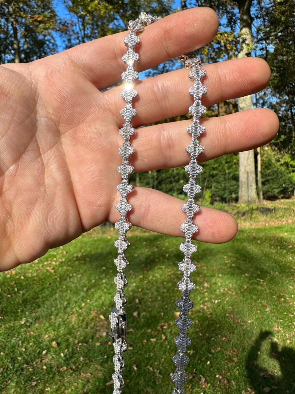 Real Iced MOISSANITE Baguette Clover Tennis Chain Necklace - VVS D