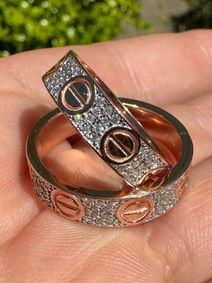 HarlemBling Real Iced Moissanite Eternity Band Wedding Screw Ring 14k Rose Gold 925 Silver