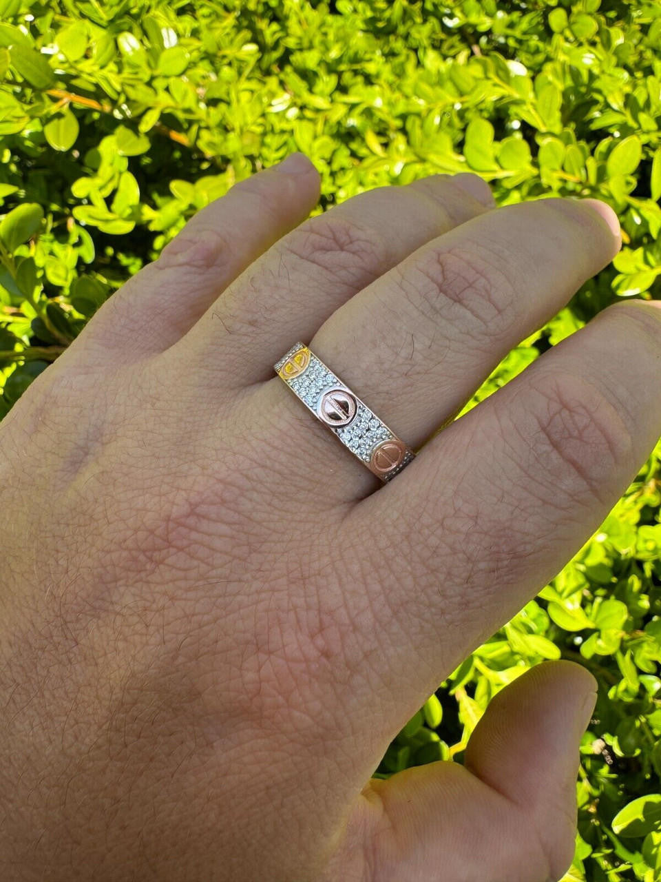 HarlemBling Real Iced Moissanite Eternity Band Wedding Screw Ring 14k Rose Gold 925 Silver