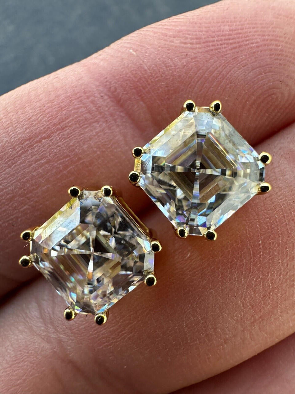 HarlemBling Real Iced Moissanite Stud Earrings Asscher Cut 14k Gold Over 925 Silver 4mm-8mm