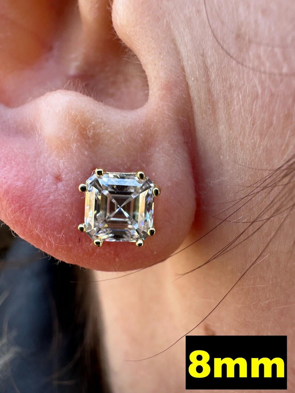 HarlemBling Real Iced Moissanite Stud Earrings Asscher Cut 14k Gold Over 925 Silver 4mm-8mm