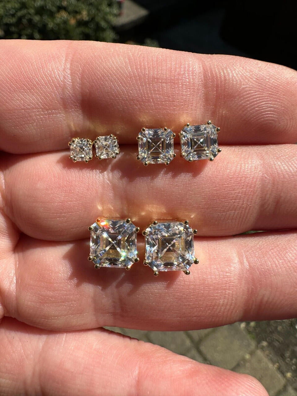 HarlemBling Real Iced Moissanite Stud Earrings Asscher Cut 14k Gold Over 925 Silver 4mm-8mm