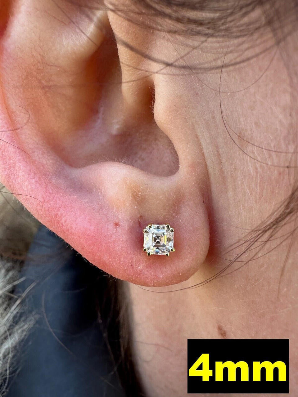 HarlemBling Real Iced Moissanite Stud Earrings Asscher Cut 14k Gold Over 925 Silver 4mm-8mm