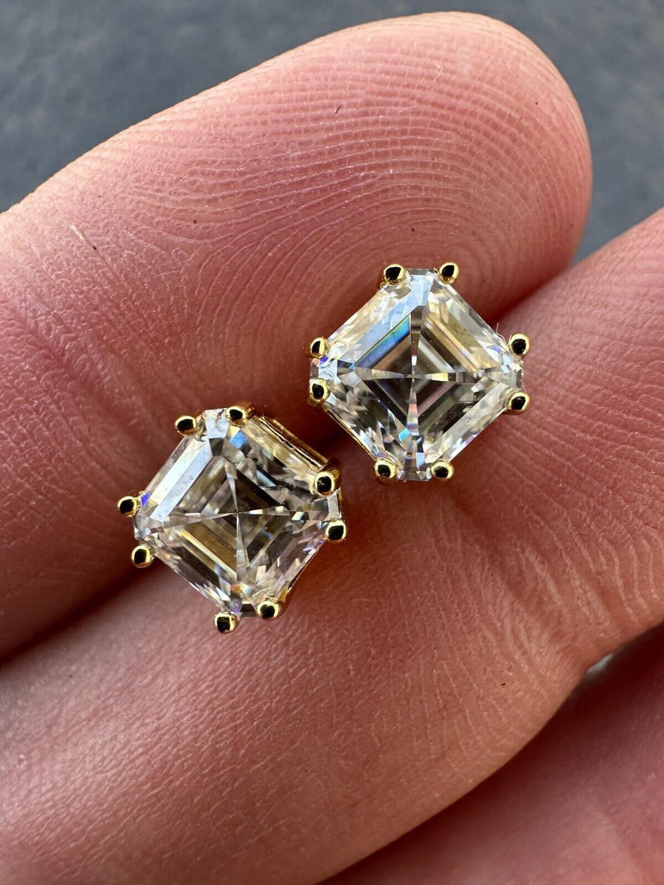 HarlemBling Real Iced Moissanite Stud Earrings Asscher Cut 14k Gold Over 925 Silver 4mm-8mm