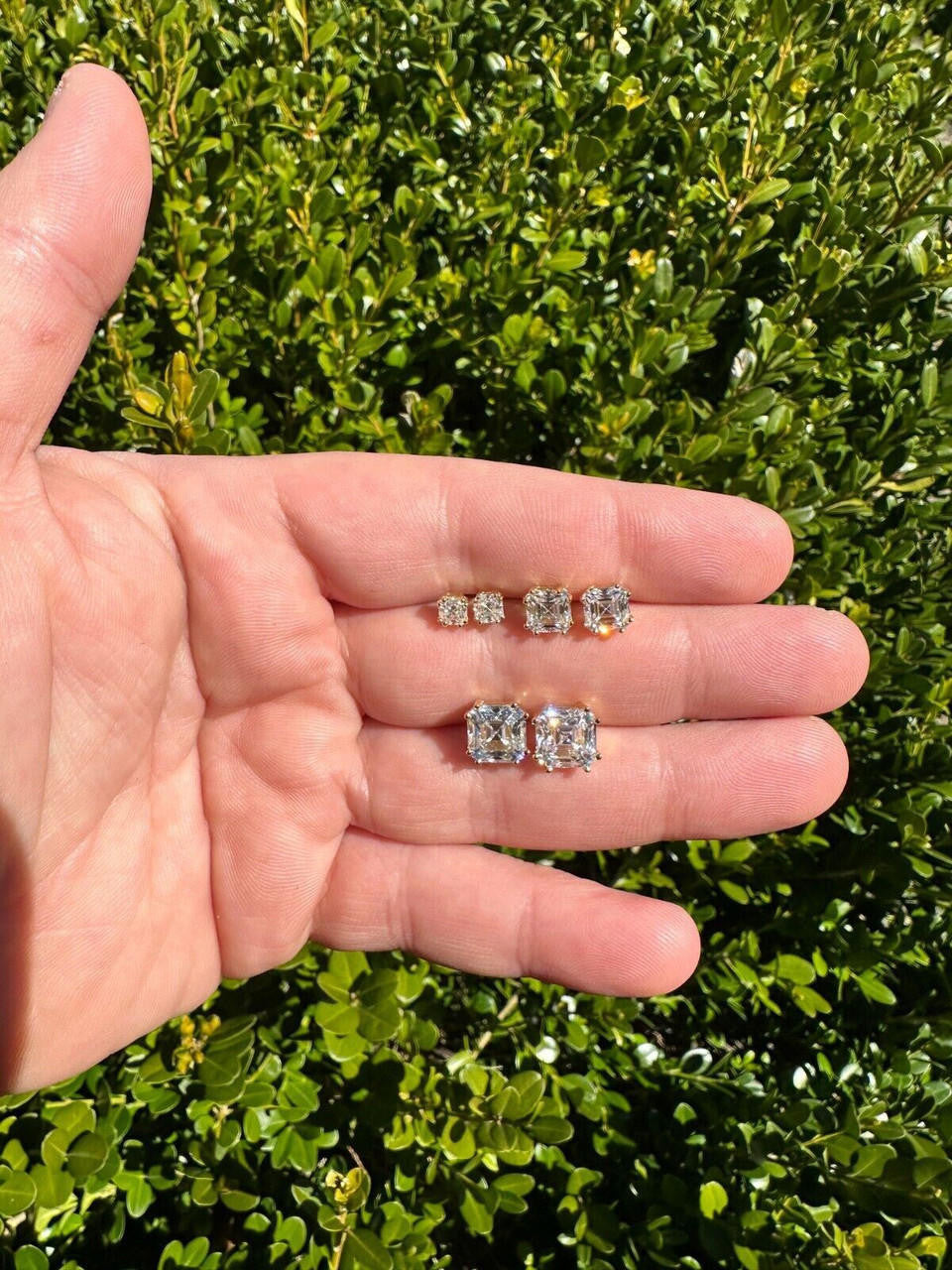 HarlemBling Real Iced Moissanite Stud Earrings Asscher Cut 14k Gold Over 925 Silver 4mm-8mm