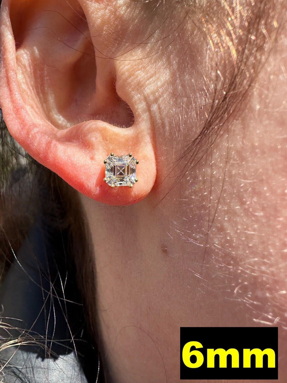 HarlemBling Real Iced Moissanite Stud Earrings Asscher Cut 14k Gold Over 925 Silver 4mm-8mm