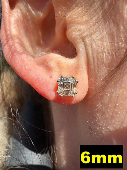 HarlemBling Real Iced Moissanite Stud Earrings Asscher Cut 14k Gold Over 925 Silver 4mm-8mm