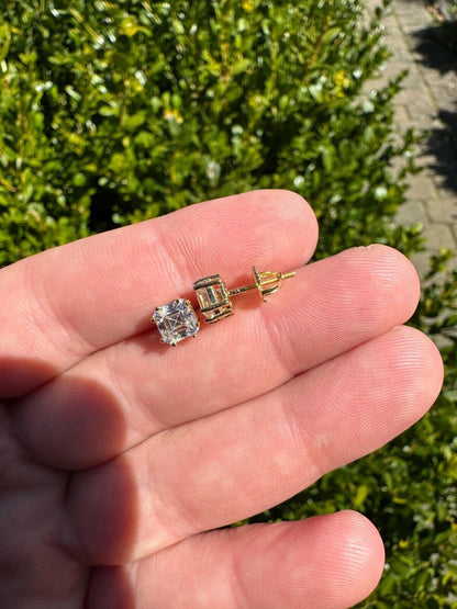 HarlemBling Real Iced Moissanite Stud Earrings Asscher Cut 14k Gold Over 925 Silver 4mm-8mm