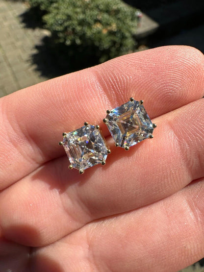 HarlemBling Real Iced Moissanite Stud Earrings Asscher Cut 14k Gold Over 925 Silver 4mm-8mm