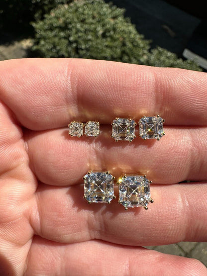 HarlemBling Real Iced Moissanite Stud Earrings Asscher Cut 14k Gold Over 925 Silver 4mm-8mm