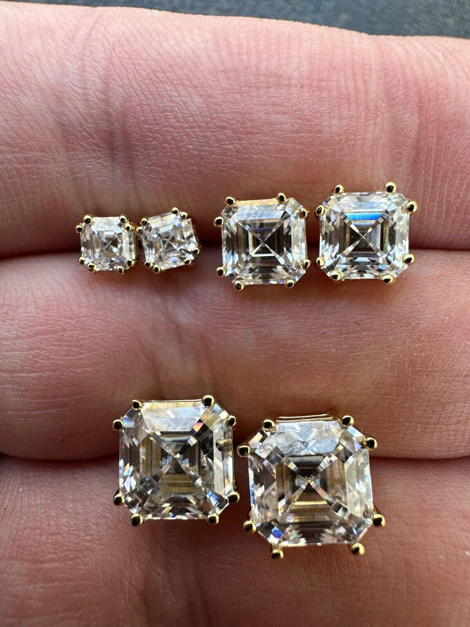 HarlemBling Real Iced Moissanite Stud Earrings Asscher Cut 14k Gold Over 925 Silver 4mm-8mm